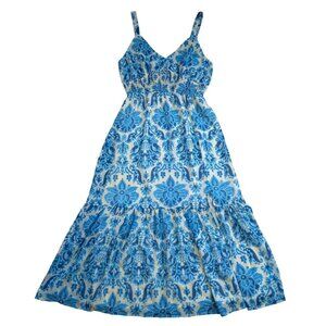 Black Tape Blue Damask Maxi Dress Sleeveless Boho V Neck Summer, NWOT.